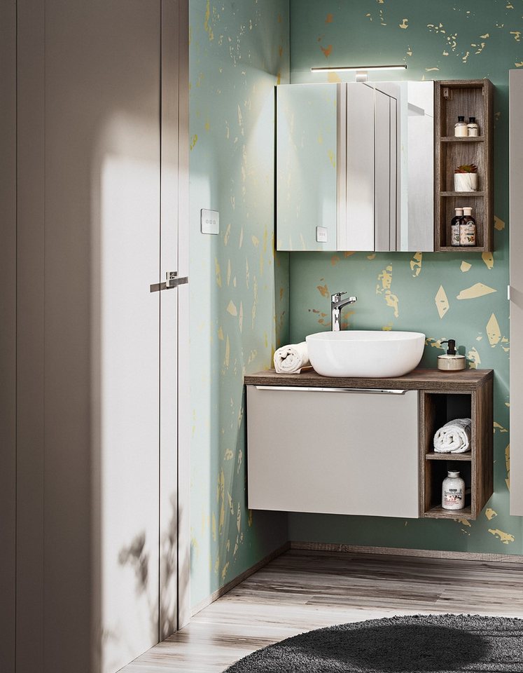 Fun Möbel Badmöbel-Set Serie AKAN Set 60cm 4/5 tlg in Taupe, (Set, 5-St., Waschbeckenunterschrank, Spiegelschrank), Schubladen mit Soft-Close-System, 60cm Unterschrank von Fun Möbel