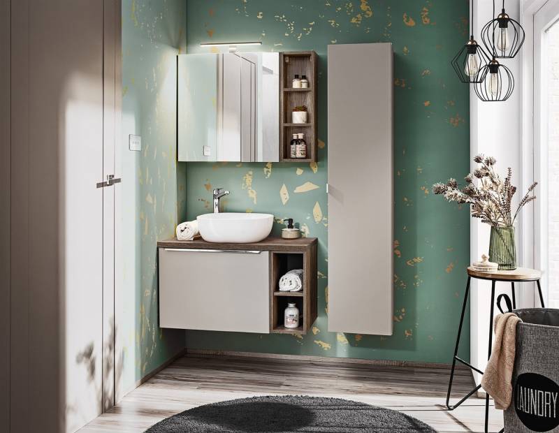 Fun Möbel Badmöbel-Set Serie AKAN Set 60cm 5/6 tlg in Taupe, (Set, 6-St., Waschbeckenunterschrank, Spiegelschrank, Hängeschrank), 60er Unterschrank, Schubladen mit Soft-Close-System von Fun Möbel