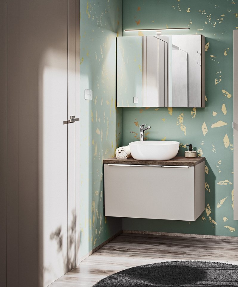 Fun Möbel Badmöbel-Set Serie AKAN Set 80cm 2/3 tlg in Taupe, (Set, 3-St., Waschbeckenunterschrank, Spiegelschrank), Schubladen mit Soft-Close-System von Fun Möbel