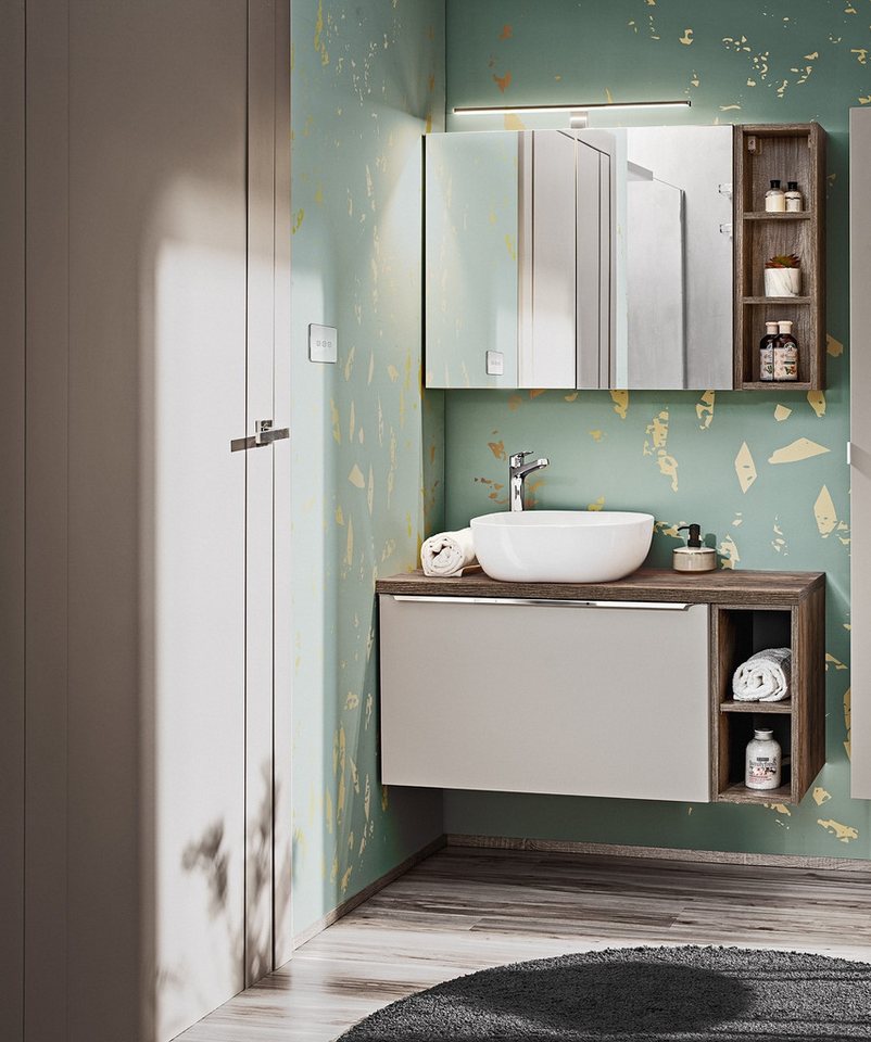 Fun Möbel Badmöbel-Set Serie AKAN Set 80cm 4/5 tlg in Taupe, (Set, 5-St., Waschbeckenunterschrank, Spiegelschrank), Schubladen mit Soft-Close-System von Fun Möbel
