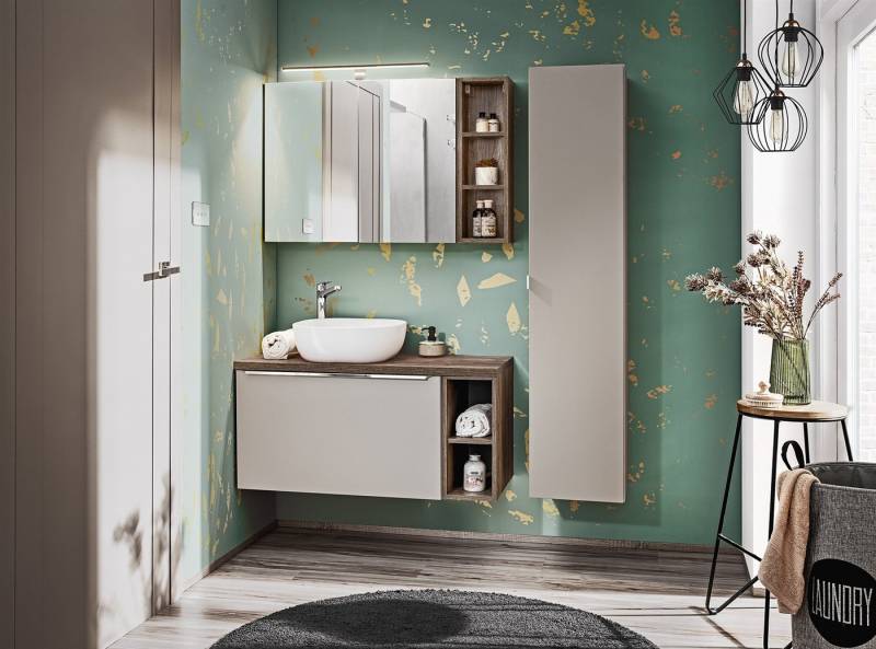 Fun Möbel Badmöbel-Set Serie AKAN Set 80cm 5/6 tlg in Taupe, (Set, 6-St., Waschbeckenunterschrank, Spiegelschrank, Hängeschrank), Schubladen mit Soft-Close-System von Fun Möbel