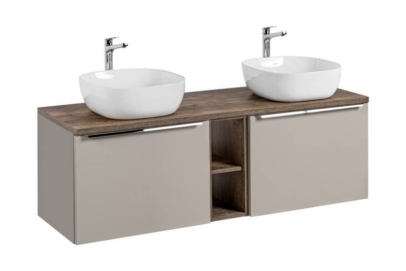 Fun Möbel Badmöbel-Set Unterschrank-Set AKAN 140cm 3/5 tlg in Taupe, (Set, 5-St., Mit oder ohne Aufsatzwaschbecken), Schubladen mit Soft-Close-System, Regal zwischen den Waschtischen von Fun Möbel