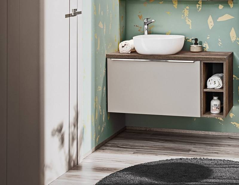 Fun Möbel Badmöbel-Set Unterschrank-Set AKAN 80cm 2/3 tlg in Taupe, (Set, 2-St., Mit oder ohne Aufsatzwaschbecken), Schubladen mit Soft-Close-System, Regal neben dem Unterschrank von Fun Möbel