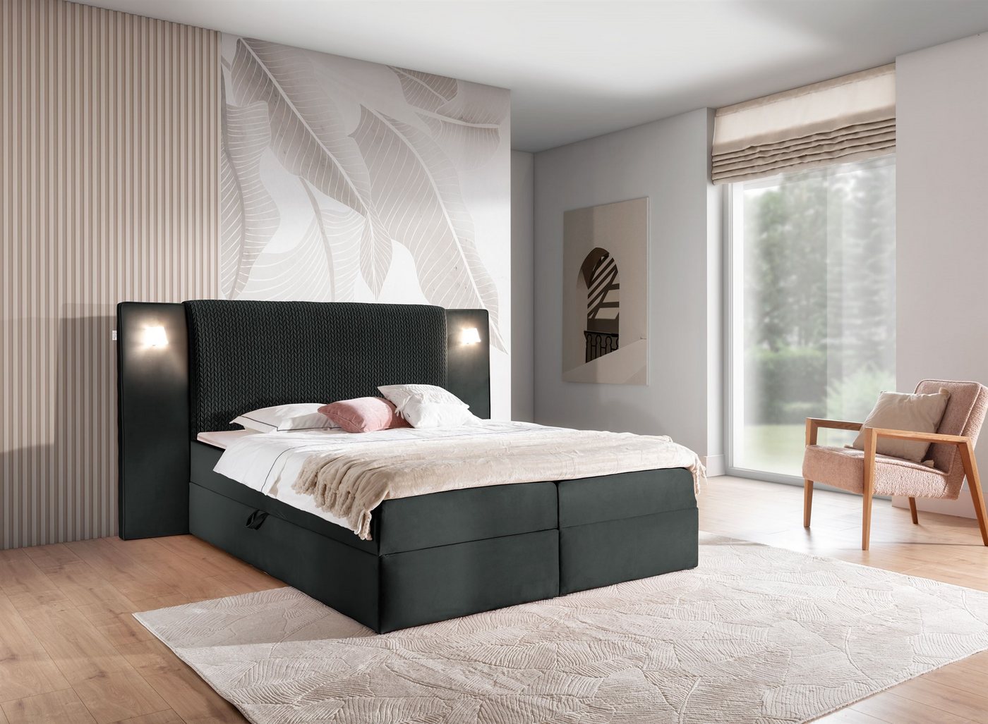 Fun Möbel Boxbett Bett MARTEN Überlänge in Stoff Magic Velvet Set.1 (220cm Länge, Inkl. Bettkästen und Kaltschaumtopper), Ambiente-Beleuchtung mit Touch Funktion im Kopfteil von Fun Möbel