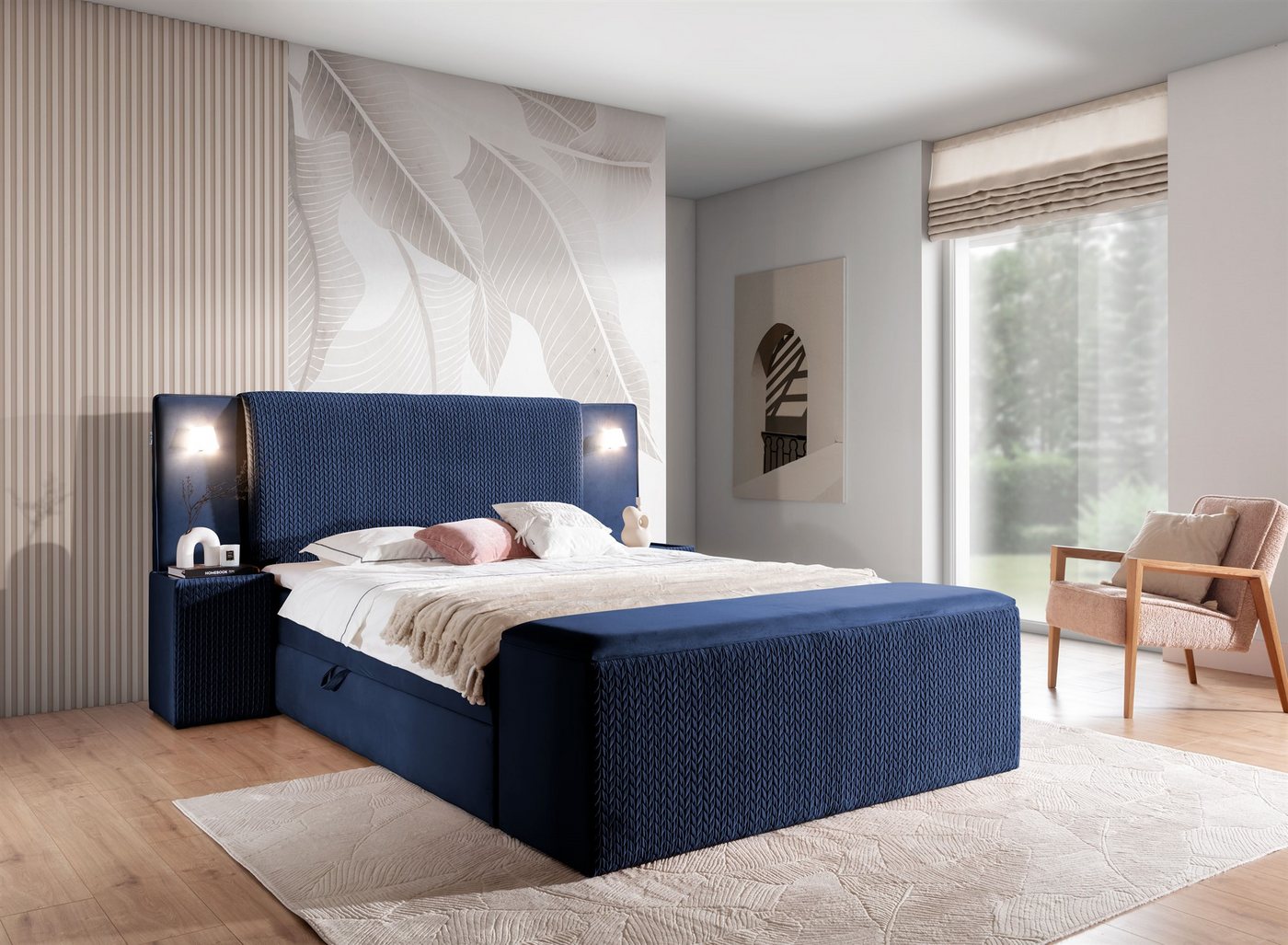 Fun Möbel Boxbett Bett MARTEN Überlänge in Stoff Magic Velvet Set.2 (inkl. Bettkästen und Kaltschaumtopper, inkl. 2 Nachttische und gehärtetes Glas), Ambiente-Beleuchtung mit Touch Funktion im Kopfteil von Fun Möbel
