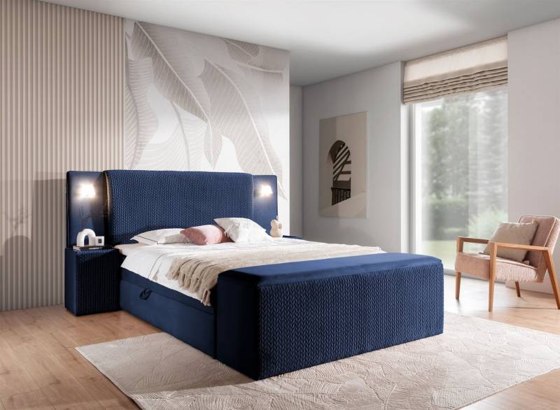 Fun Möbel Boxbett Bett MARTEN in Stoff Magic Velvet Set.3 (inkl. Bettkästen und Kaltschaumtopper, inkl. Polsterhocker mit Stauraum), Ambiente-Beleuchtung mit Touch Funktion im Kopfteil von Fun Möbel