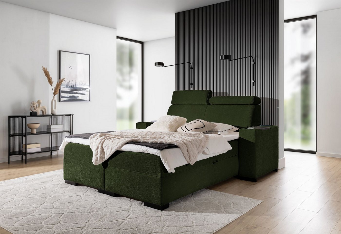 Fun Möbel Boxbett Bett NESTOR in Stoff Dress Me Set.1 (Erhältlich auch mit 2 x Nachttisch, Einstellbare Kopfstützen), Inkl. 2 x Bettkasten und Topper von Fun Möbel