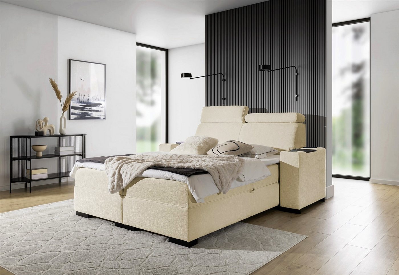 Fun Möbel Boxbett Bett NESTOR in Stoff Dress Me Set.1 (Erhältlich auch mit 2 x Nachttisch, Einstellbare Kopfstützen), Inkl. 2 x Bettkasten und Topper von Fun Möbel