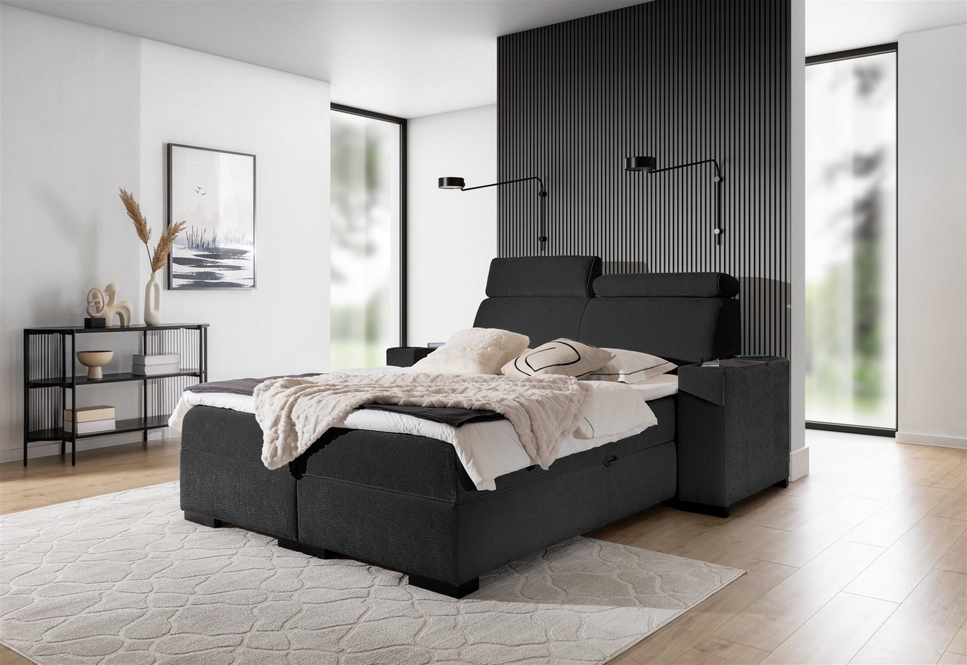 Fun Möbel Boxbett Bett NESTOR in Stoff Dress Me Set.1 (Erhältlich auch mit 2 x Nachttisch, Einstellbare Kopfstützen), Inkl. 2 x Bettkasten und Topper von Fun Möbel