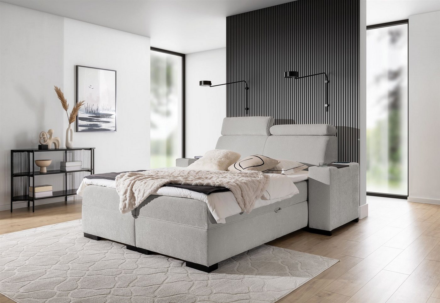 Fun Möbel Boxbett Bett NESTOR in Stoff Dress Me Set.1 (Erhältlich auch mit 2 x Nachttisch, Einstellbare Kopfstützen), Inkl. 2 x Bettkasten und Topper von Fun Möbel
