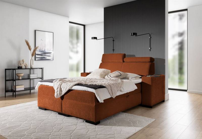Fun Möbel Boxbett Bett NESTOR in Stoff Dress Me Set.1 (Erhältlich auch mit 2 x Nachttisch, Einstellbare Kopfstützen), Inkl. 2 x Bettkasten und Topper von Fun Möbel