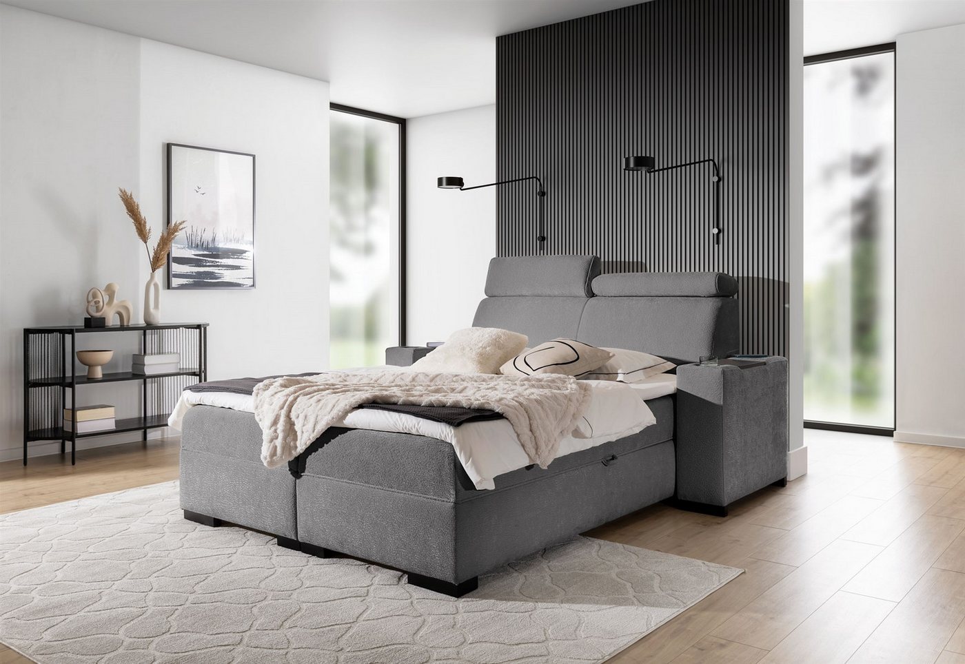 Fun Möbel Boxbett Bett NESTOR in Stoff Dress Me Set.1 (Erhältlich auch mit 2 x Nachttisch, Einstellbare Kopfstützen), Inkl. 2 x Bettkasten und Topper von Fun Möbel