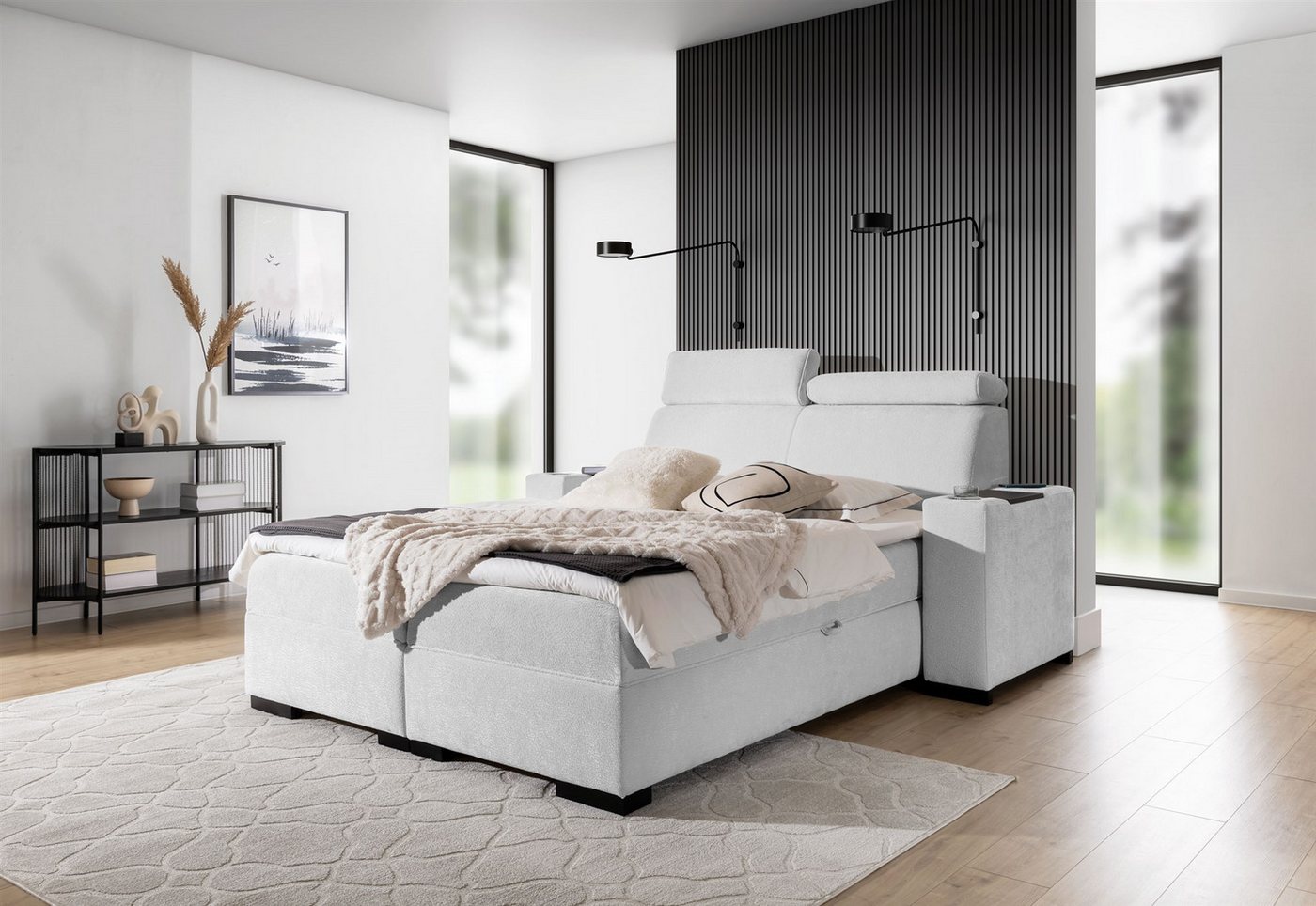 Fun Möbel Boxbett Bett NESTOR in Stoff Dress Me Set.1 (Erhältlich auch mit 2 x Nachttisch, Einstellbare Kopfstützen), Inkl. 2 x Bettkasten und Topper von Fun Möbel