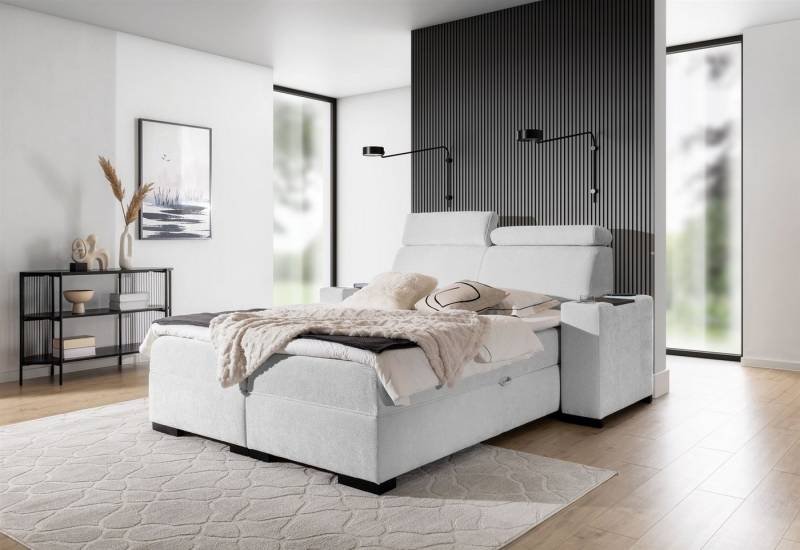 Fun Möbel Boxbett Bett NESTOR in Stoff Dress Me Set.2 inkl. 2 x Nachttisch (inkl. Bettkasten und Topper, Einstellbare Kopfstützen), Nachttische mit Stauraum, Becherhalter und Handy-Ladegerät von Fun Möbel