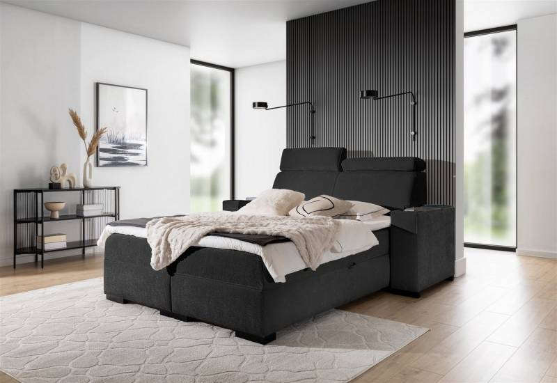Fun Möbel Boxbett Bett NESTOR in Stoff Dress Me Set.2 inkl. 2 x Nachttisch (inkl. Bettkasten und Topper, Einstellbare Kopfstützen), Nachttische mit Stauraum, Becherhalter und Handy-Ladegerät von Fun Möbel