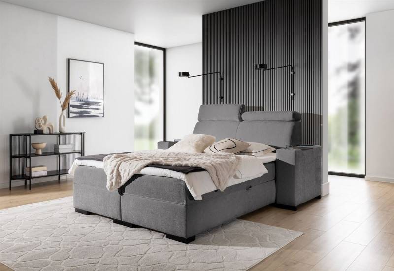 Fun Möbel Boxbett Bett NESTOR in Stoff Dress Me Set.2 inkl. 2 x Nachttisch (inkl. Bettkasten und Topper, Einstellbare Kopfstützen), Nachttische mit Stauraum, Becherhalter und Handy-Ladegerät von Fun Möbel