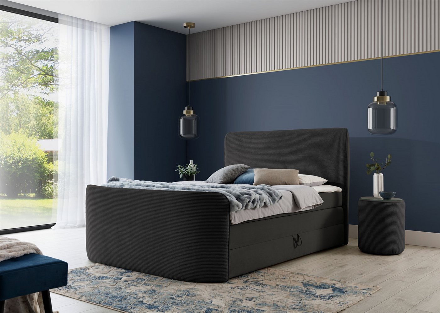 Fun Möbel Boxbett Bett Schlafzimmerbett BODY in Stoff Poso / Kronos (Inkl. Bettkasten und Topper), Kopfteil und Fußteil trendig gerundet von Fun Möbel