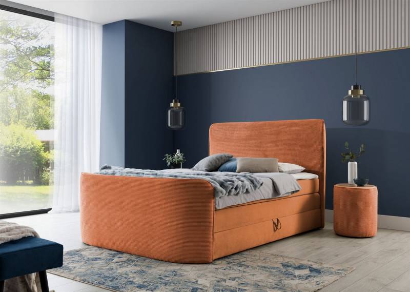 Fun Möbel Boxbett Bett Schlafzimmerbett BODY in Stoff Poso / Kronos (Inkl. Bettkasten und Topper), Kopfteil und Fußteil trendig gerundet von Fun Möbel