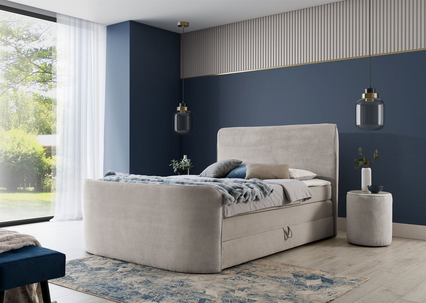 Fun Möbel Boxbett Bett Schlafzimmerbett BODY in Stoff Poso / Kronos (Inkl. Bettkasten und Topper), Kopfteil und Fußteil trendig gerundet von Fun Möbel