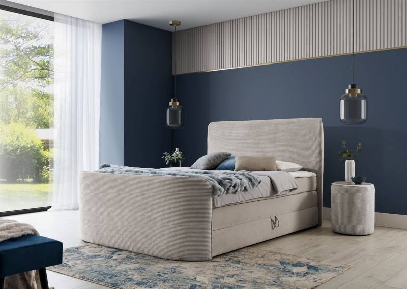 Fun Möbel Boxbett Bett Schlafzimmerbett BODY in Stoff Poso / Kronos (Inkl. Bettkasten und Topper), Kopfteil und Fußteil trendig gerundet von Fun Möbel