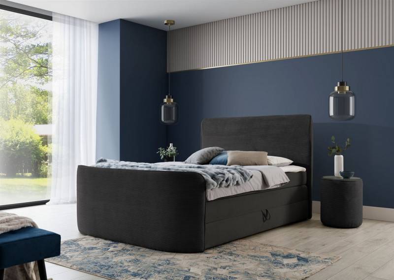 Fun Möbel Boxbett Bett Schlafzimmerbett BODY in Stoff Poso / Kronos (Inkl. Bettkasten und Topper), Kopfteil und Fußteil trendig gerundet von Fun Möbel