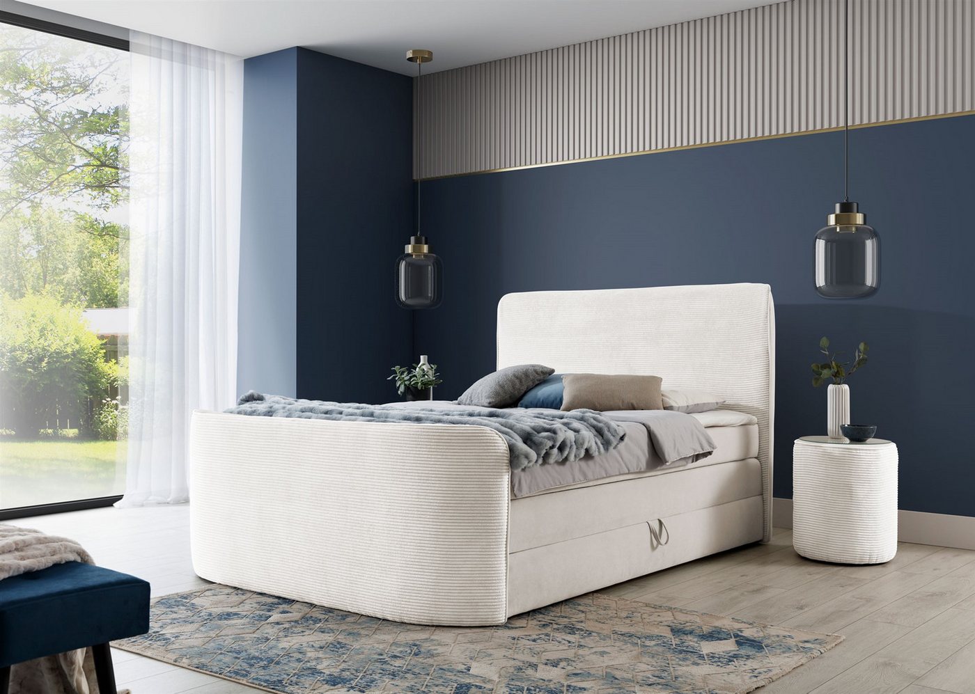 Fun Möbel Boxbett Bett Schlafzimmerbett BODY in Stoff Poso / Kronos (Inkl. Bettkasten und Topper), Kopfteil und Fußteil trendig gerundet von Fun Möbel
