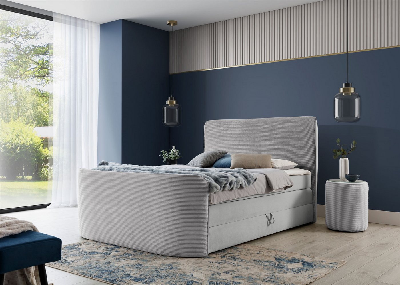 Fun Möbel Boxbett Bett Schlafzimmerbett BODY in Stoff Poso / Kronos (Inkl. Bettkasten und Topper), Kopfteil und Fußteil trendig gerundet von Fun Möbel