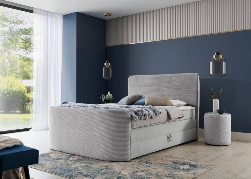 Fun Möbel Boxbett Bett Schlafzimmerbett BODY in Stoff Poso / Kronos (Inkl. Bettkasten und Topper), Kopfteil und Fußteil trendig gerundet von Fun Möbel
