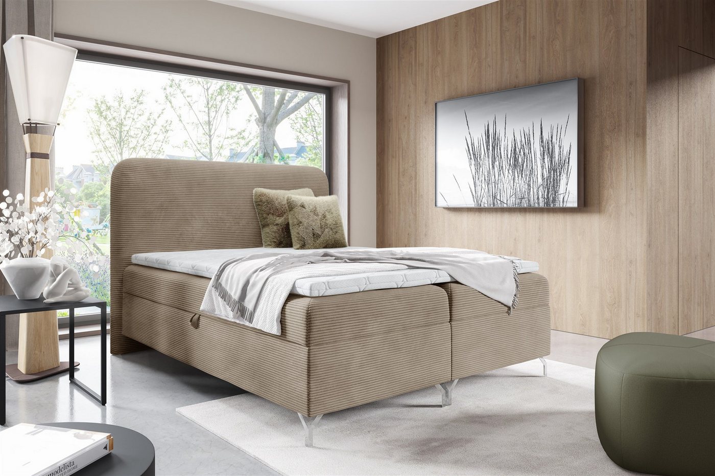 Fun Möbel Boxbett Bett Schlafzimmerbett EMILIO PREMIUM in Stoff Poso (auch in Überlänge erhältlich, inkl. Bettkästen), mit Taschenfederkernmatratze von Fun Möbel