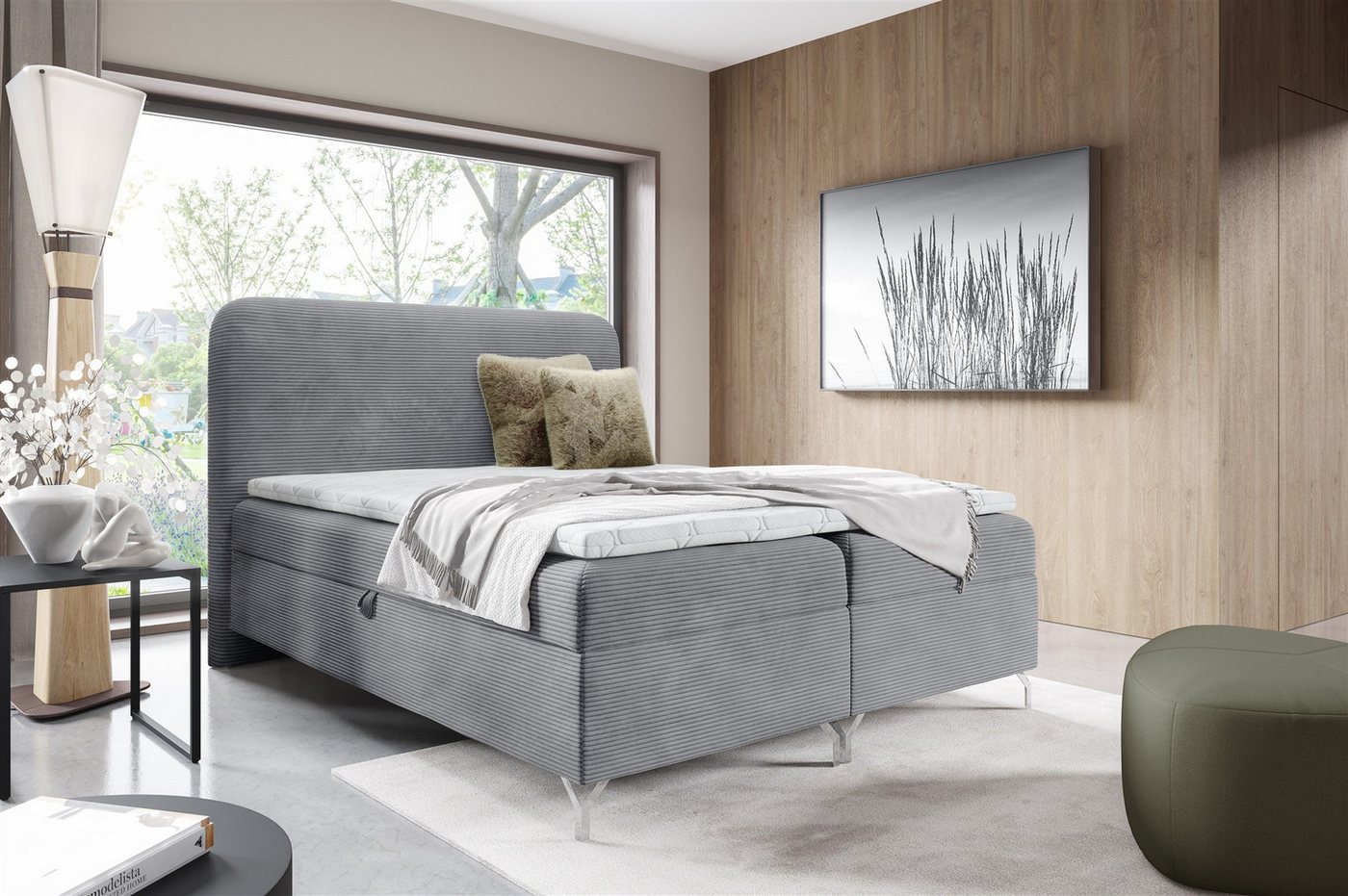 Fun Möbel Boxbett Bett Schlafzimmerbett EMILIO Überlänge in Stoff Poso (mit Bettkästen, mit Bonellfederkernmatratze und Kaltschaum-Topper), Länge von 220cm von Fun Möbel