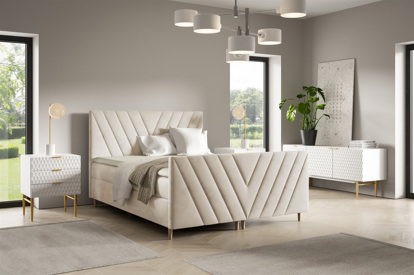 Fun Möbel Boxbett Bett Schlafzimmerbett FUN IZABEL PREMIUM Überlänge Stoff Fresh (220cm) (inkl. Viscoschaumtopper, Inkl. Taschenfederkernmatratze), inkl. 2 x Bettkasten von Fun Möbel