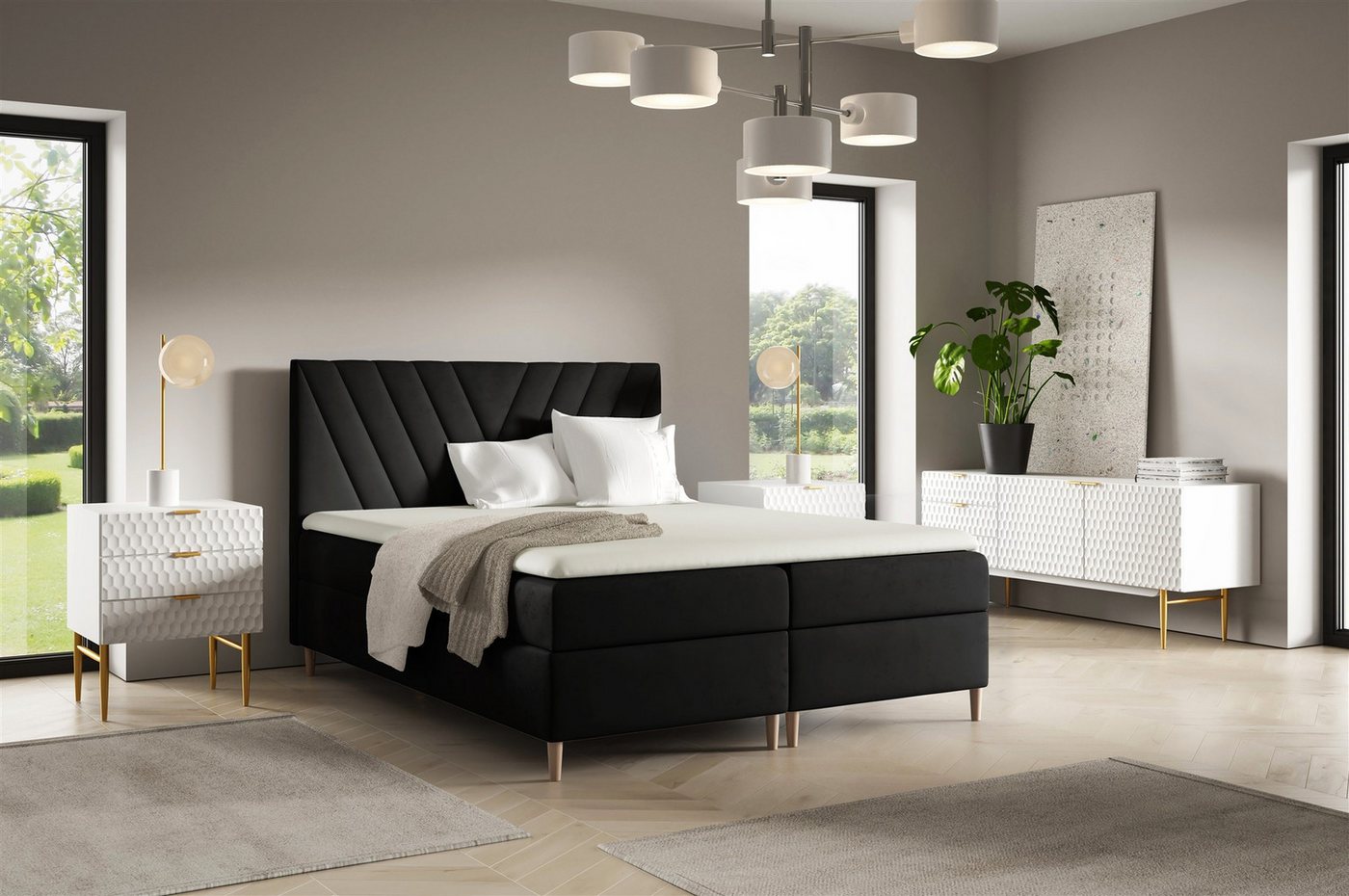 Fun Möbel Boxbett Bett Schlafzimmerbett FUN MARCIO PREMIUM Überlänge Stoff Fresh (220cm) (inkl. Viscoschaumtopper, Inkl. Taschenfederkernmatratze), inkl. 2 x Bettkasten von Fun Möbel