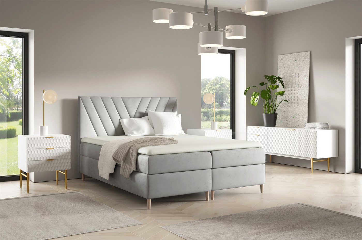 Fun Möbel Boxbett Bett Schlafzimmerbett FUN MARCIO PREMIUM Überlänge Stoff Fresh (220cm) (inkl. Viscoschaumtopper, Inkl. Taschenfederkernmatratze), inkl. 2 x Bettkasten von Fun Möbel