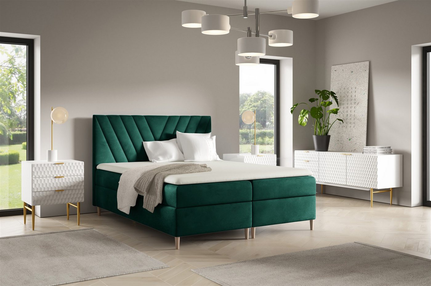 Fun Möbel Boxbett Bett Schlafzimmerbett FUN MARCIO PREMIUM Überlänge Stoff Fresh (220cm) (inkl. Viscoschaumtopper, Inkl. Taschenfederkernmatratze), inkl. 2 x Bettkasten von Fun Möbel