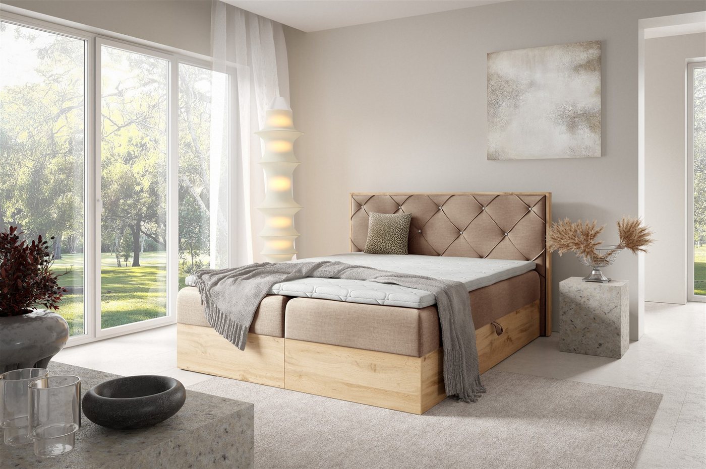 Fun Möbel Boxbett Bett Schlafzimmerbett HELIOS PREMIUM in Stoff Rouge (mit Taschenfederkernmatratze, mit Bettkästen), Strasssteine im Kopfteil von Fun Möbel