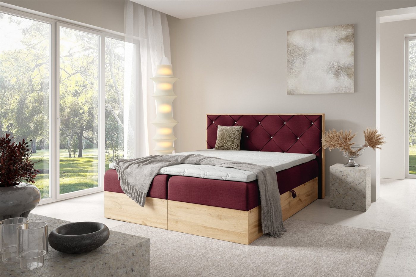 Fun Möbel Boxbett Bett Schlafzimmerbett HELIOS PREMIUM in Stoff Rouge (mit Taschenfederkernmatratze, mit Bettkästen), Strasssteine im Kopfteil von Fun Möbel