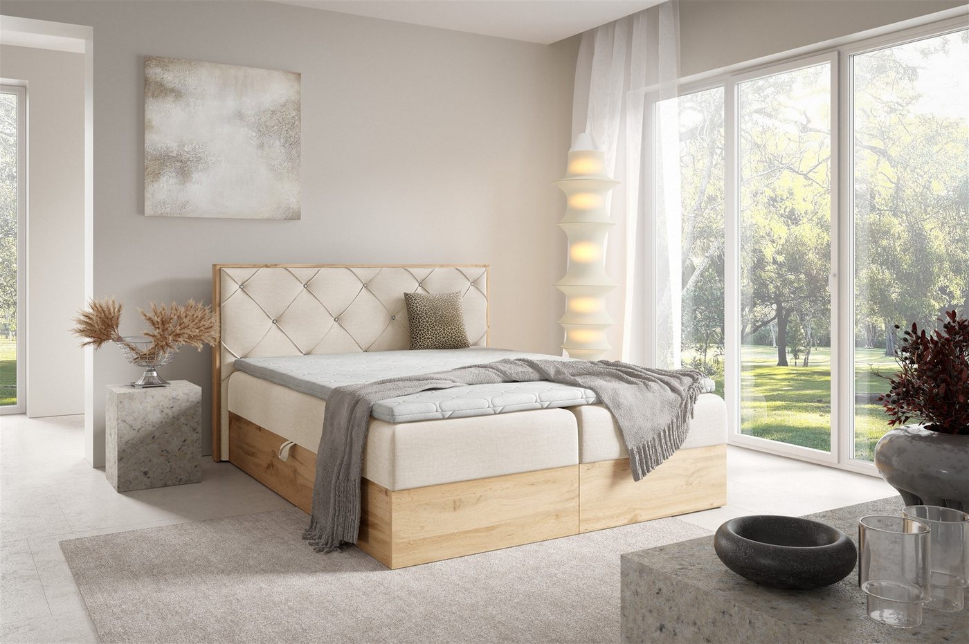 Fun Möbel Boxbett Bett Schlafzimmerbett HELIOS PREMIUM in Überlänge Stoff Rouge (inkl. Viscoschaum-Topper, inkl. Bettkästen), mit Taschenfederkernmatratze von Fun Möbel