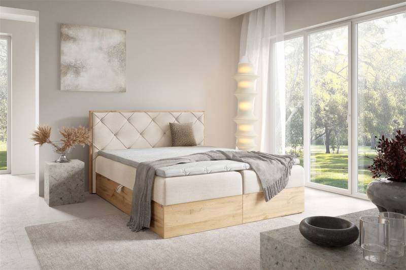 Fun Möbel Boxbett Bett Schlafzimmerbett HELIOS PREMIUM in Überlänge Stoff Rouge (inkl. Viscoschaum-Topper, inkl. Bettkästen), mit Taschenfederkernmatratze von Fun Möbel