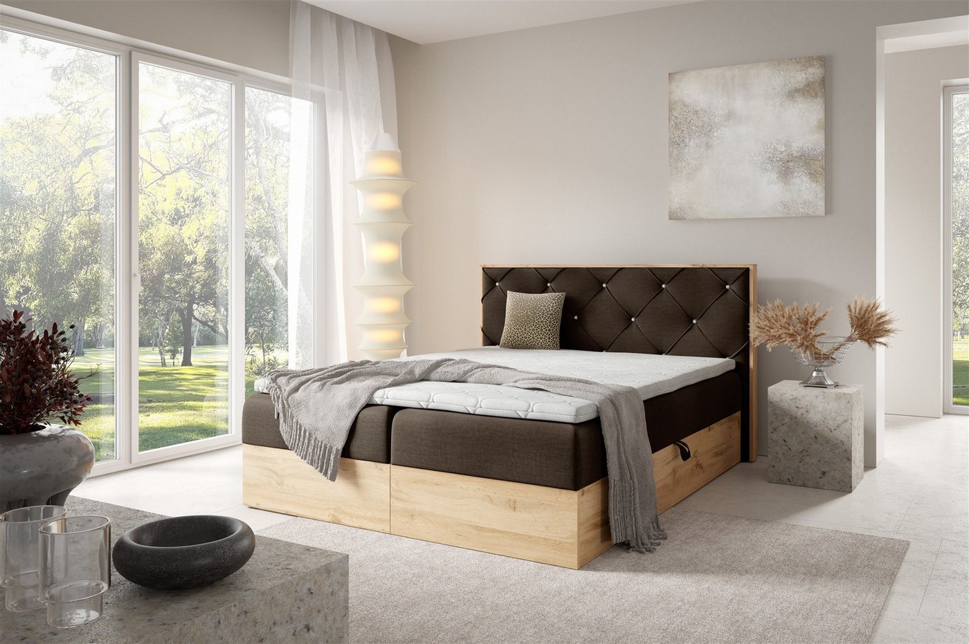 Fun Möbel Boxbett Bett Schlafzimmerbett HELIOS PREMIUM in Überlänge Stoff Rouge (inkl. Viscoschaum-Topper, inkl. Bettkästen), mit Taschenfederkernmatratze von Fun Möbel