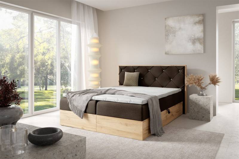 Fun Möbel Boxbett Bett Schlafzimmerbett HELIOS PREMIUM in Überlänge Stoff Rouge (inkl. Viscoschaum-Topper, inkl. Bettkästen), mit Taschenfederkernmatratze von Fun Möbel