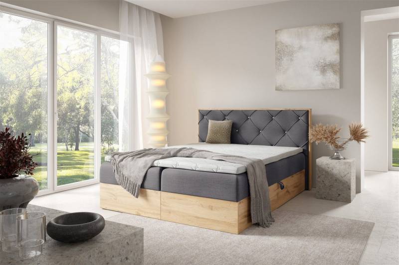Fun Möbel Boxbett Bett Schlafzimmerbett HELIOS PREMIUM in Überlänge Stoff Rouge (inkl. Viscoschaum-Topper, inkl. Bettkästen), mit Taschenfederkernmatratze von Fun Möbel