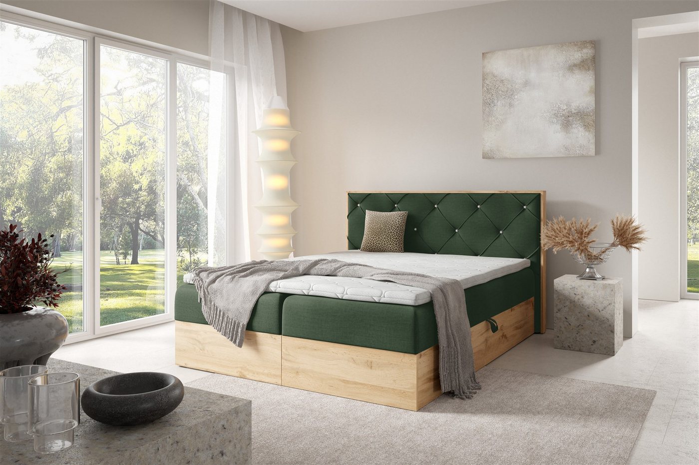 Fun Möbel Boxbett Bett Schlafzimmerbett HELIOS PREMIUM in Überlänge Stoff Rouge (inkl. Viscoschaum-Topper, inkl. Bettkästen), mit Taschenfederkernmatratze von Fun Möbel