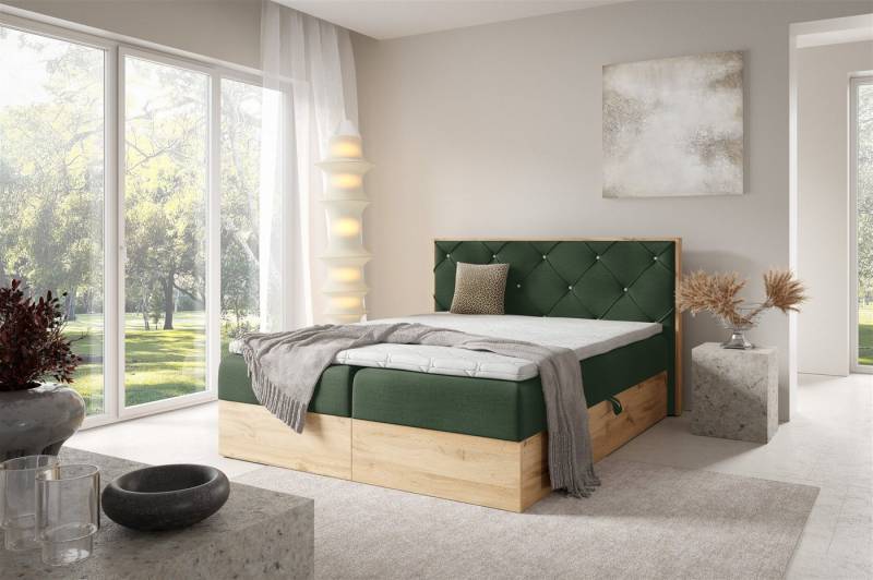 Fun Möbel Boxbett Bett Schlafzimmerbett HELIOS PREMIUM in Überlänge Stoff Rouge (inkl. Viscoschaum-Topper, inkl. Bettkästen), mit Taschenfederkernmatratze von Fun Möbel