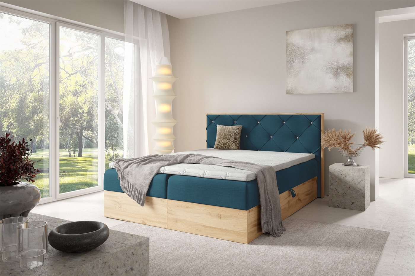 Fun Möbel Boxbett Bett Schlafzimmerbett HELIOS PREMIUM in Überlänge Stoff Rouge (inkl. Viscoschaum-Topper, inkl. Bettkästen), mit Taschenfederkernmatratze von Fun Möbel
