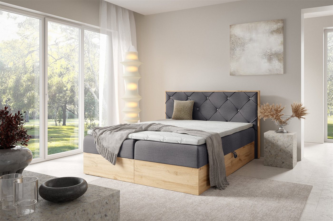 Fun Möbel Boxbett Bett Schlafzimmerbett HELIOS PREMIUM in Überlänge Stoff Rouge (inkl. Viscoschaum-Topper, inkl. Bettkästen), mit Taschenfederkernmatratze von Fun Möbel