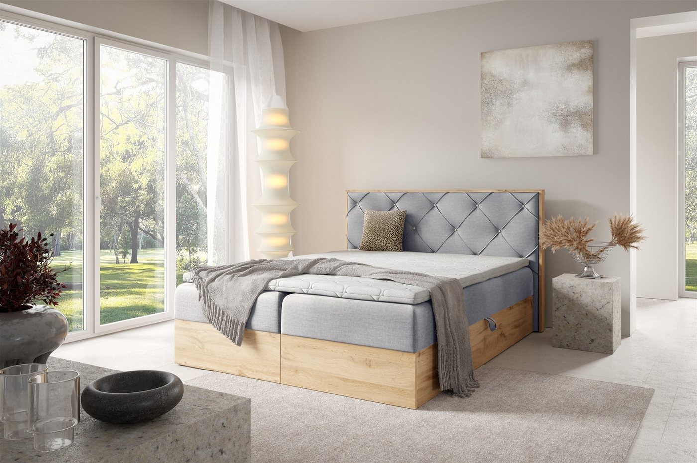 Fun Möbel Boxbett Bett Schlafzimmerbett HELIOS PREMIUM in Überlänge Stoff Rouge (inkl. Viscoschaum-Topper, inkl. Bettkästen), mit Taschenfederkernmatratze von Fun Möbel