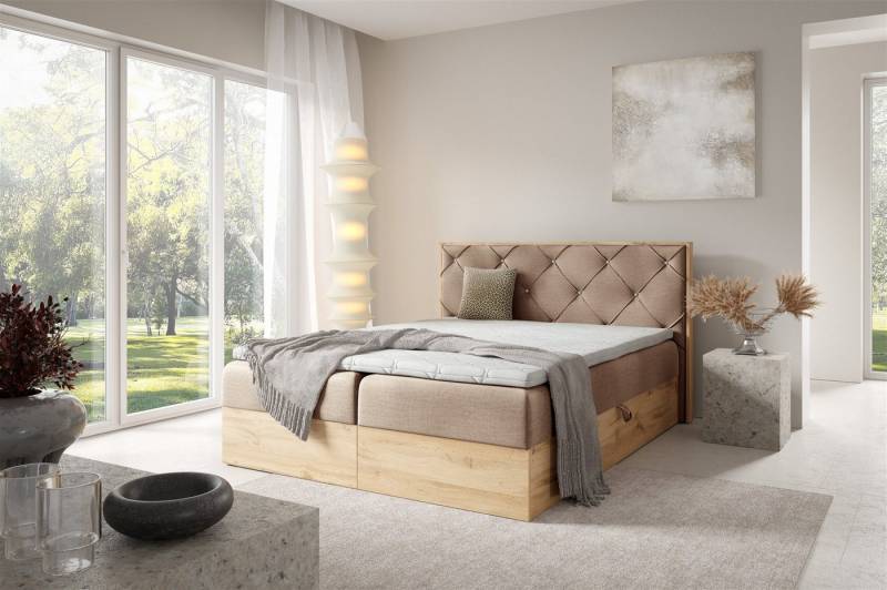 Fun Möbel Boxbett Bett Schlafzimmerbett HELIOS PREMIUM in Überlänge Stoff Rouge (inkl. Viscoschaum-Topper, inkl. Bettkästen), mit Taschenfederkernmatratze von Fun Möbel
