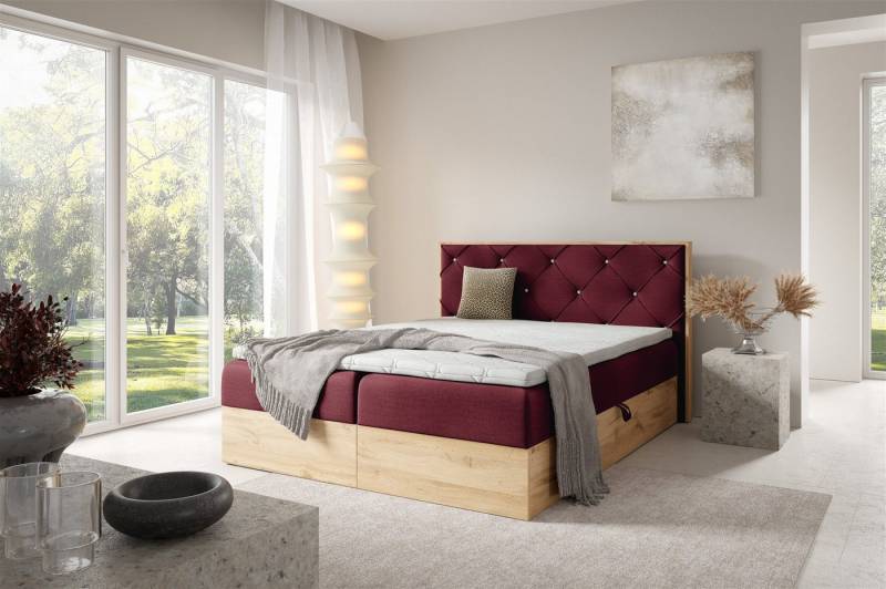 Fun Möbel Boxbett Bett Schlafzimmerbett HELIOS in Überlänge Stoff Rouge (inkl. Bettkästen, inkl. Kaltschaum-Topper), Bettwangen in Sonoma-Eiche-Optik von Fun Möbel
