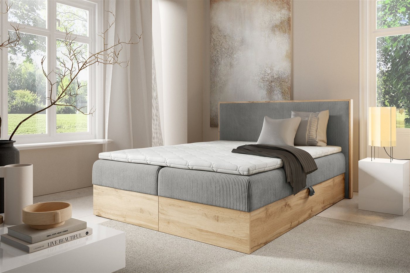 Fun Möbel Boxbett Bett Schlafzimmerbett ROLAND PREMIUM Überlänge in Stoff Lincoln (mit Taschenfederkernmatratze), inkl. Bettkästen von Fun Möbel