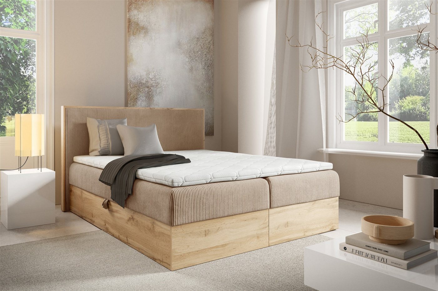 Fun Möbel Boxbett Bett Schlafzimmerbett ROLAND PREMIUM Überlänge in Stoff Lincoln (mit Taschenfederkernmatratze), inkl. Bettkästen von Fun Möbel